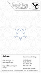 Design info sheet for 'Adore' pattern by Penguin Feats with geometric design and branding information.