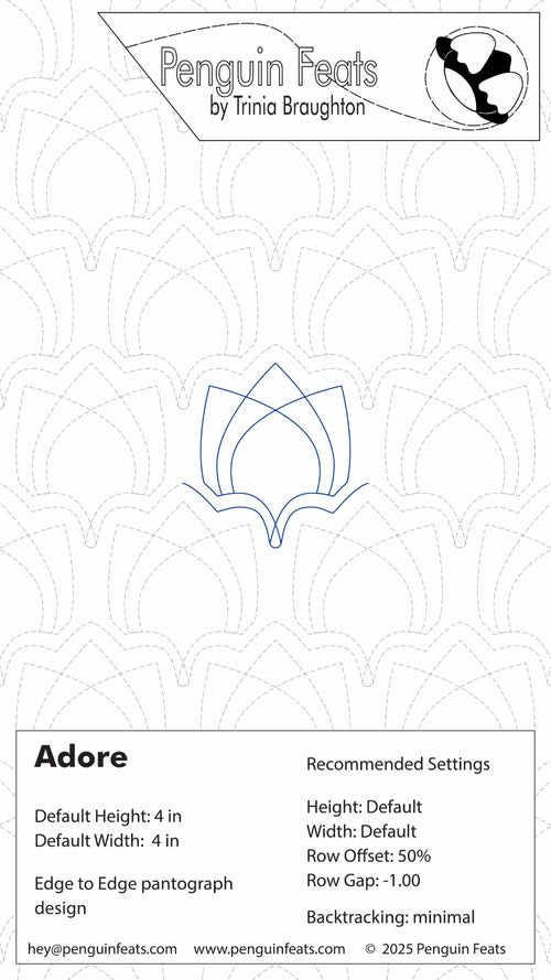 Design info sheet for 'Adore' pattern by Penguin Feats with geometric design and branding information.
