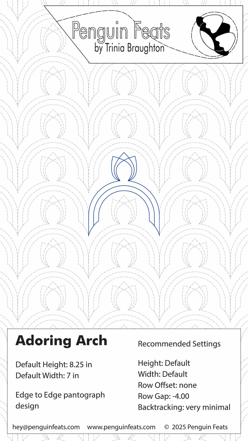 Design sheet for Adoring Arch quilting pattern with settings and branding at the top