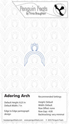 Design sheet for Adoring Arch quilting pattern with settings and branding at the top