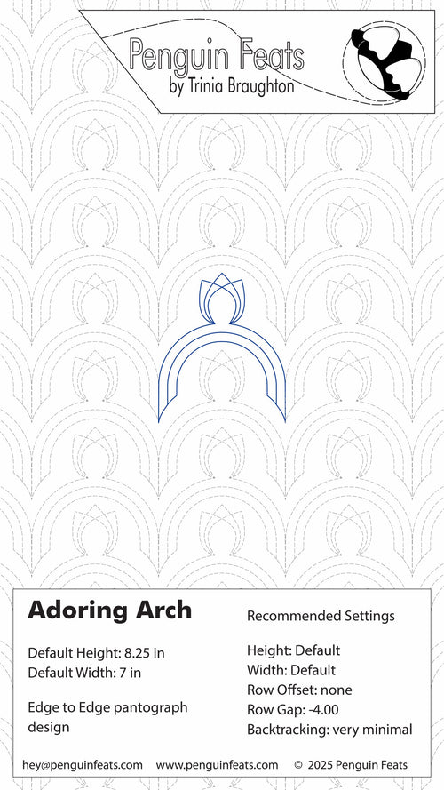Design sheet for Adoring Arch quilting pattern with settings and branding at the top