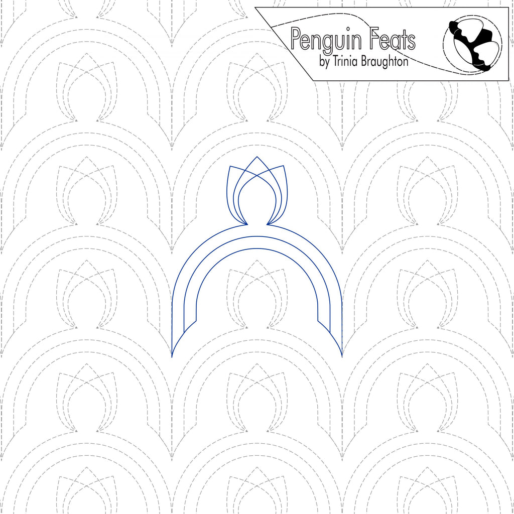 Continuous line design in blue with tulip at top of an arc in repeating pattern with  'Penguin Feats' branding.