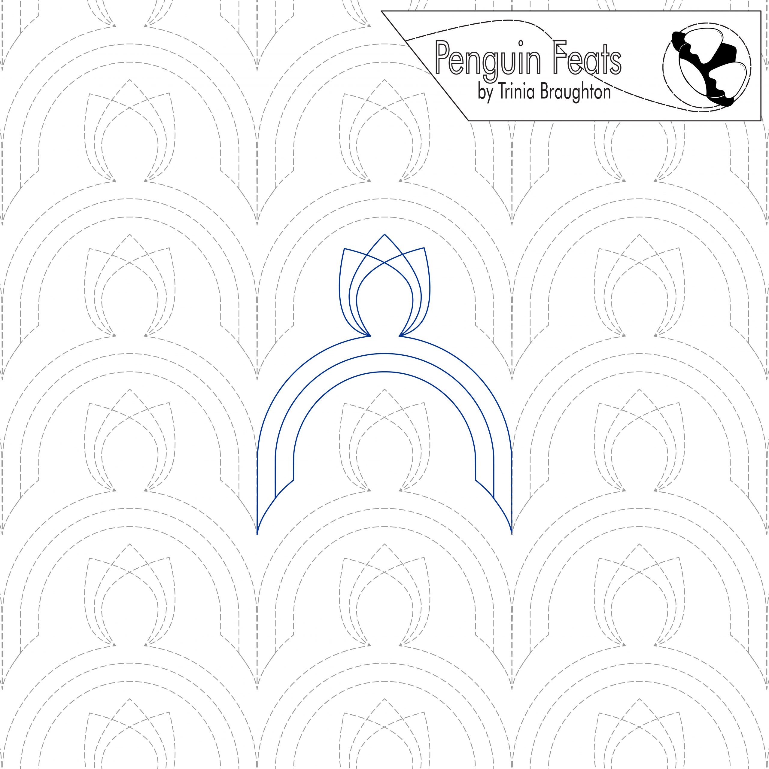Continuous line design in blue with tulip at top of an arc in repeating pattern with  'Penguin Feats' branding.