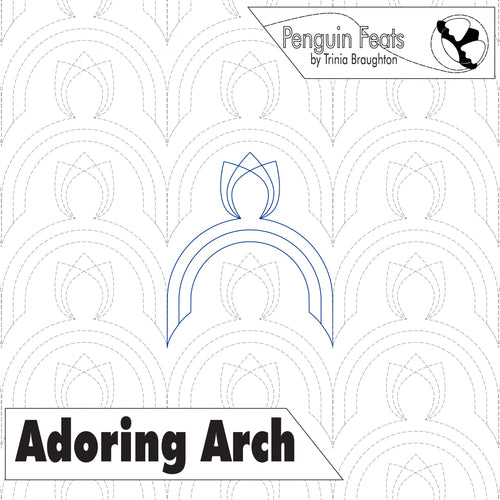 Design pattern with 'Adoring Arch' text and 'Penguin Feats' branding on a white background.