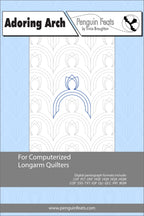 Quilting design sheet titled 'Adoring Arch' by Penguin Feats on a light blue background.