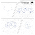 Quilting designs with heart and swirl patterns, branded 'Penguin Feats' by Trinia Braughton.