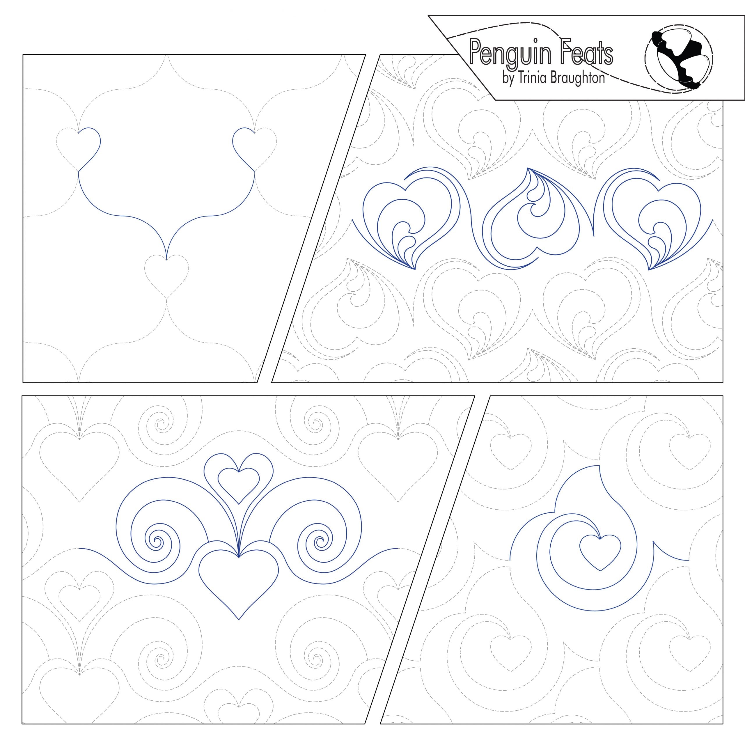 Quilting designs with heart and swirl patterns, branded 'Penguin Feats' by Trinia Braughton.