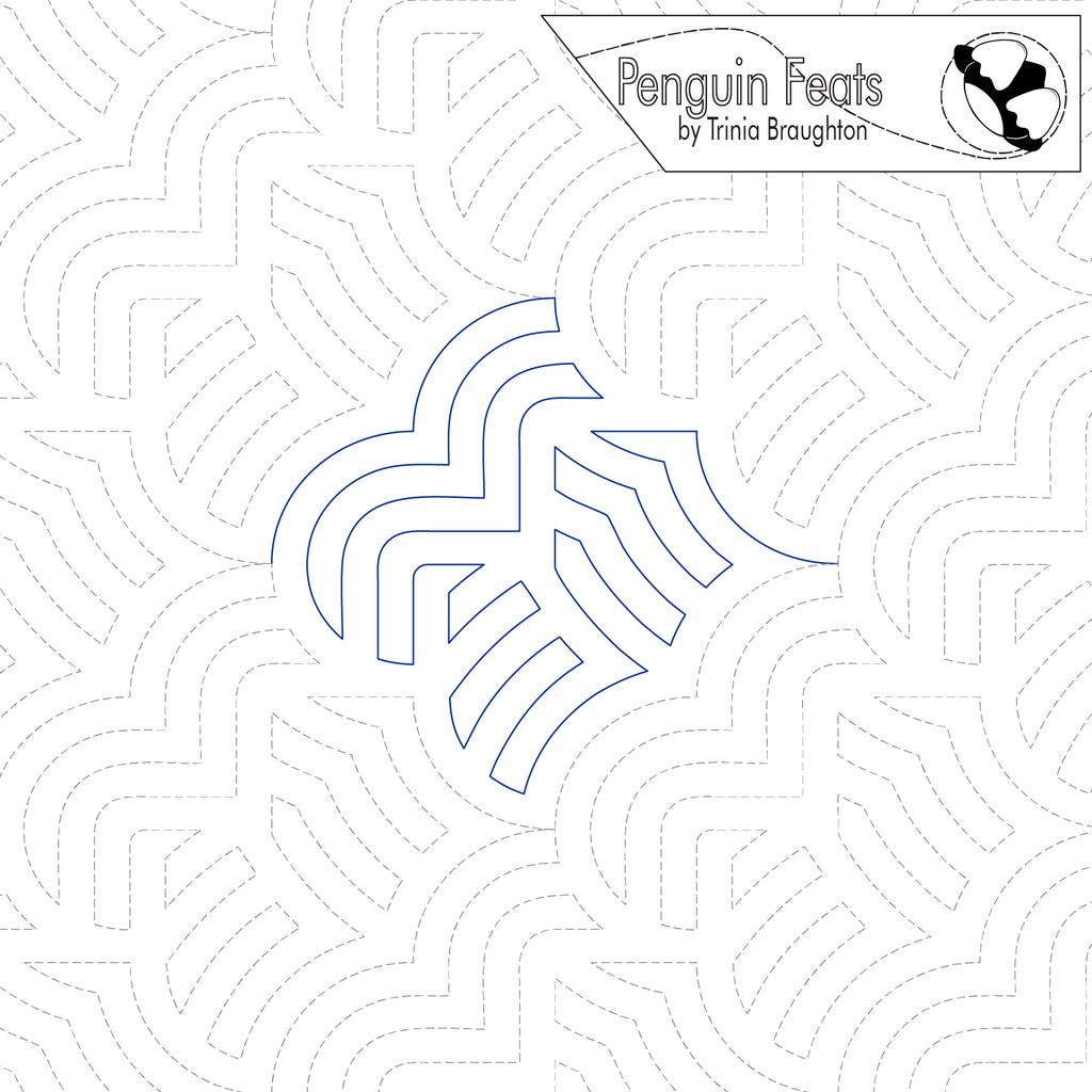 Quilting design with arching lines on a white background, featuring the 'Penguin Feats' design by Trinia Braughton.