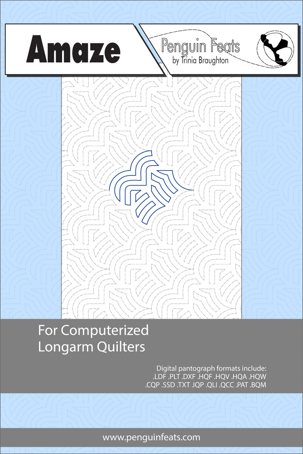 Pattern sheet for computerized longarm quilters with a geometric design on a light blue background.