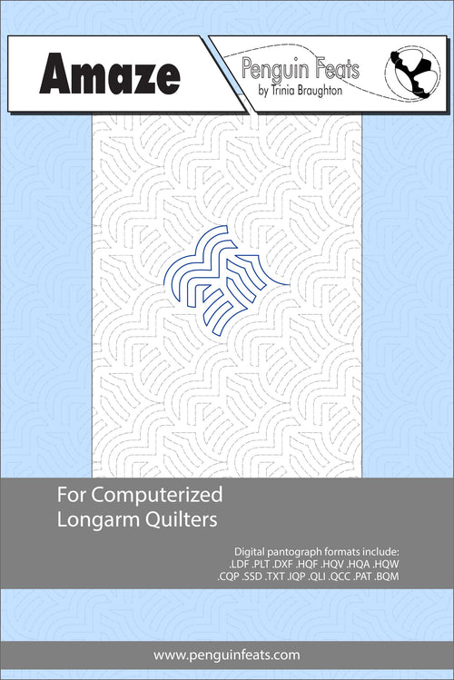 Pattern sheet for computerized longarm quilters with a geometric design on a light blue background.