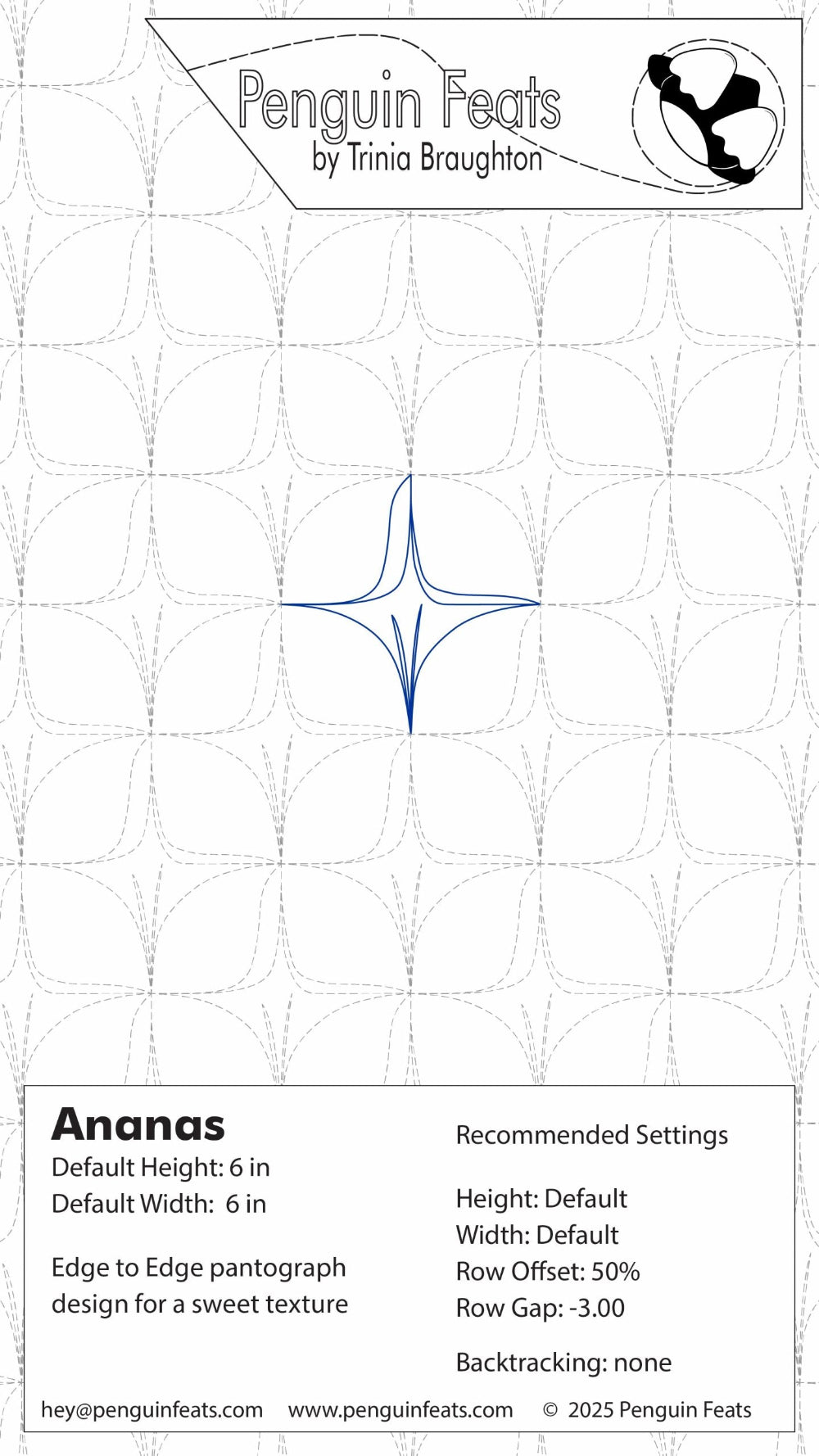 Design sheet for 'Ananas' pattern by Trinia Braughton with grid and text details.