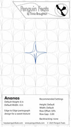 Design sheet for 'Ananas' pattern by Trinia Braughton with grid and text details.