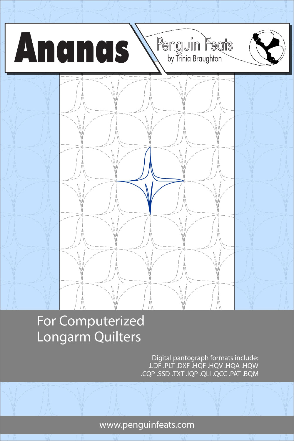 Pineapple texture quilting design sheet for computerized longarm quilters with blue design on a light blue background.
