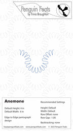 Design sheet for 'Anemone' pattern with settings and branding information.