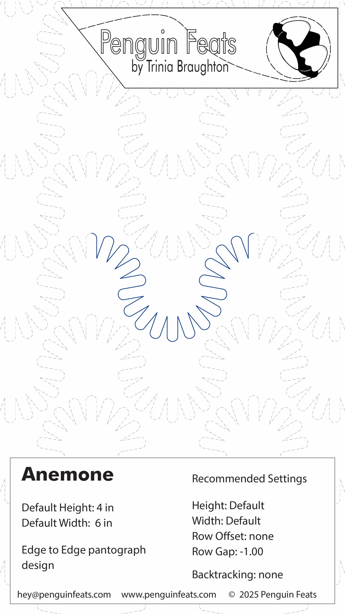 Design sheet for 'Anemone' pattern with settings and branding information.