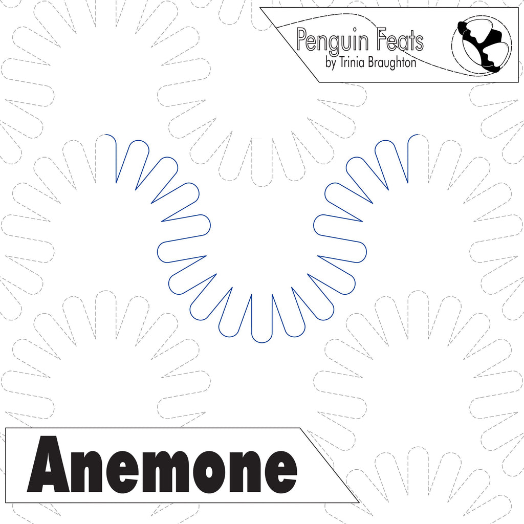 Design titled 'Anemone' with repeating leaf patterns, featuring the brand 'Penguin Feats' by Trinia Braughton.