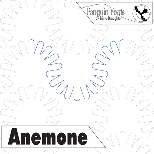 Design titled 'Anemone' with repeating leaf patterns, featuring the brand 'Penguin Feats' by Trinia Braughton.