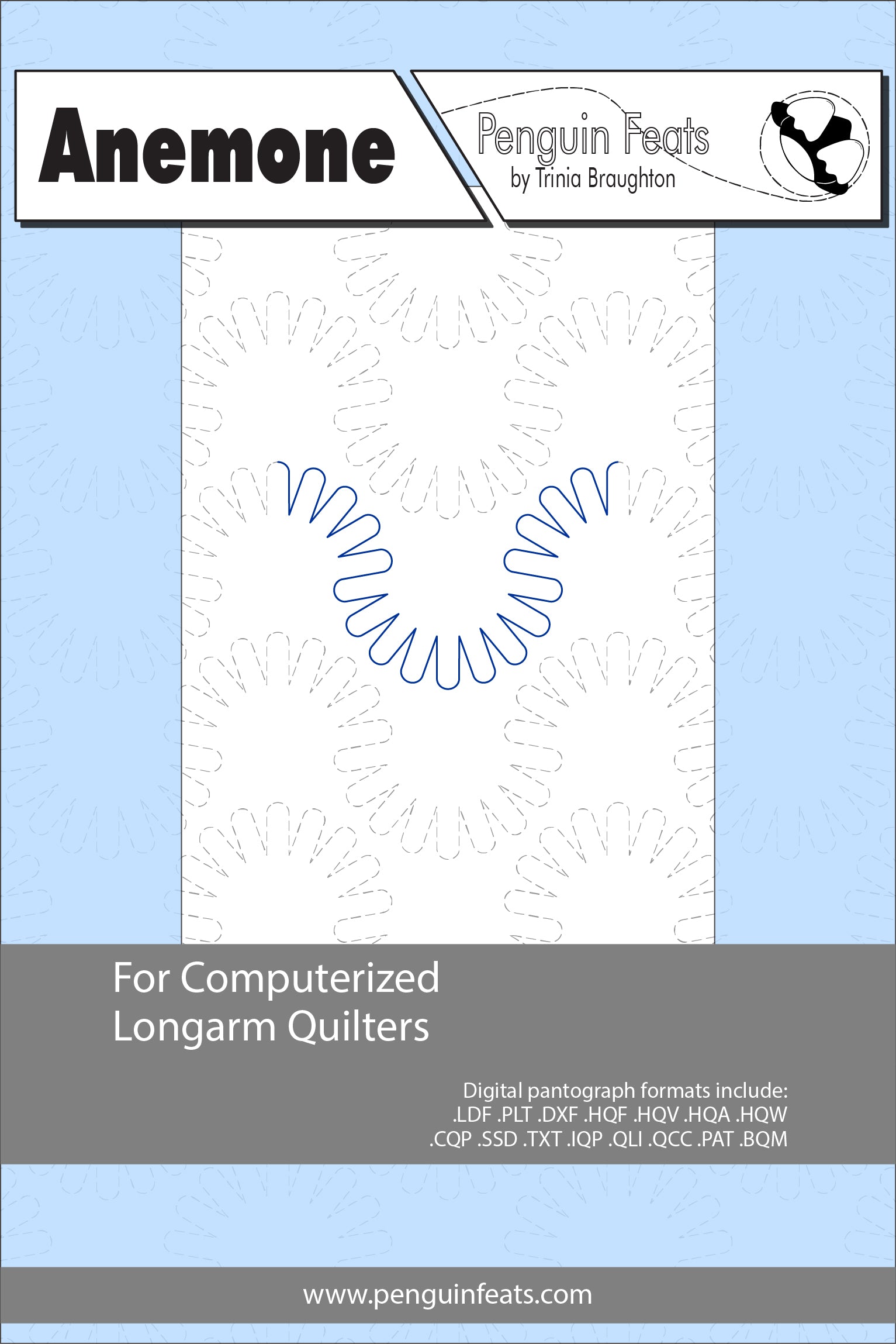 Design sheet for computerized longarm quilters with branding and product details.