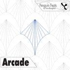 Design of a kite with geometric patterns on a white background, featuring the brand 'Penguin Feats' and the word 'Arcade'.