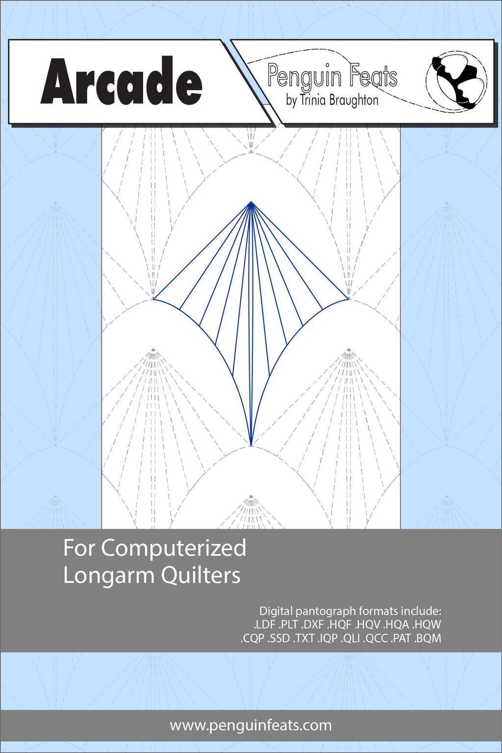 Quilting design sheet for computerized longarm quilters with a blue geometric pattern on a light blue background.