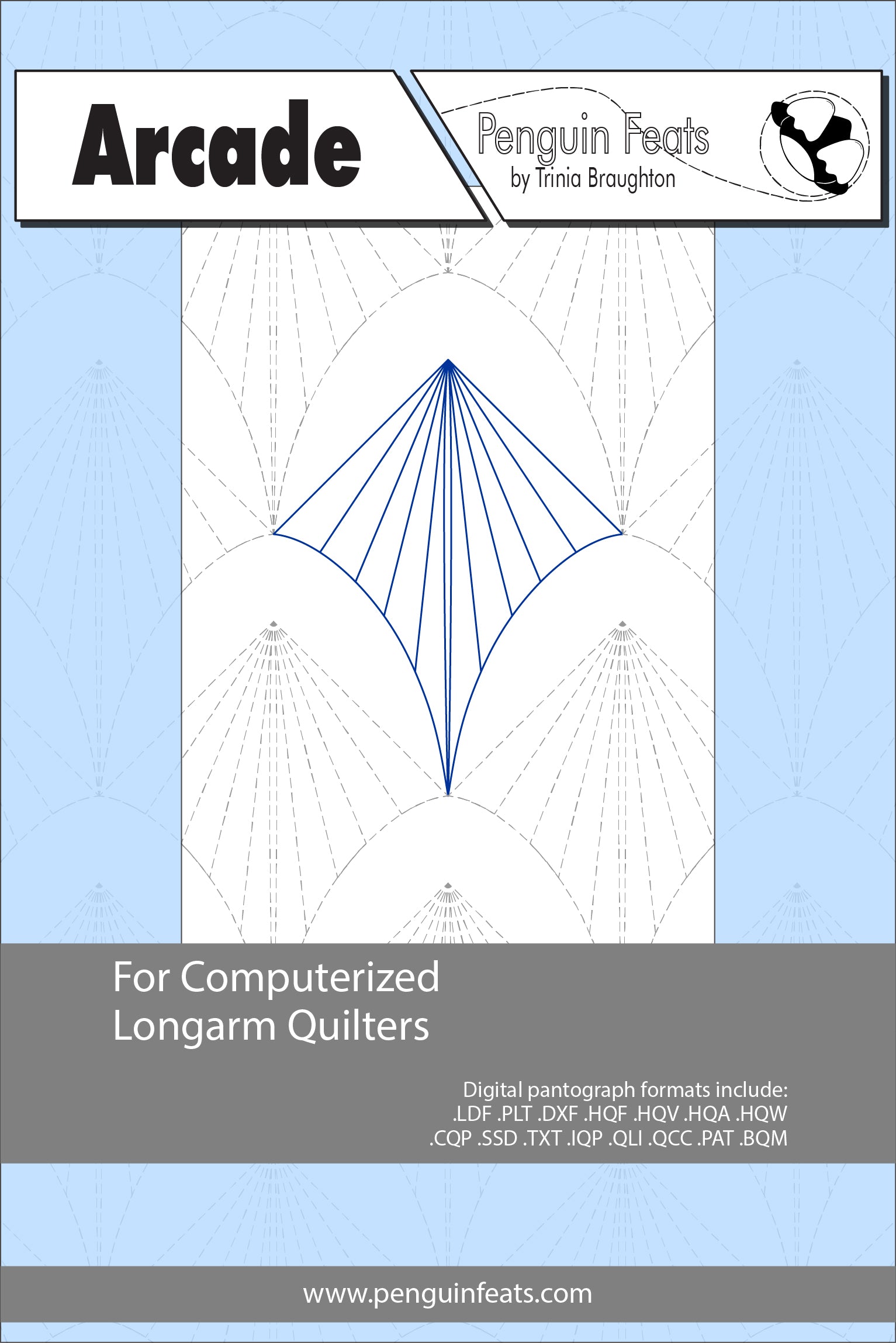 Quilting design sheet for computerized longarm quilters with a blue geometric pattern on a light blue background.