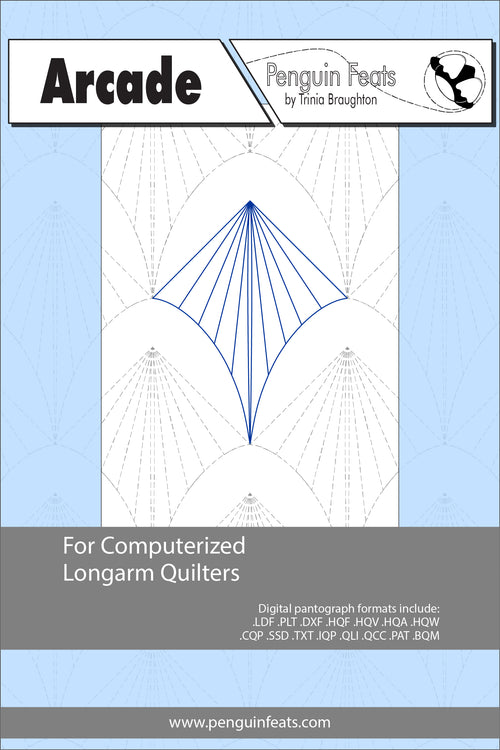 Quilting design sheet for computerized longarm quilters with a blue geometric pattern on a light blue background.