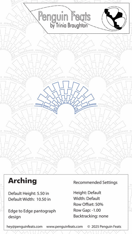 Penguin Feats arching design with recommended settings on a white background