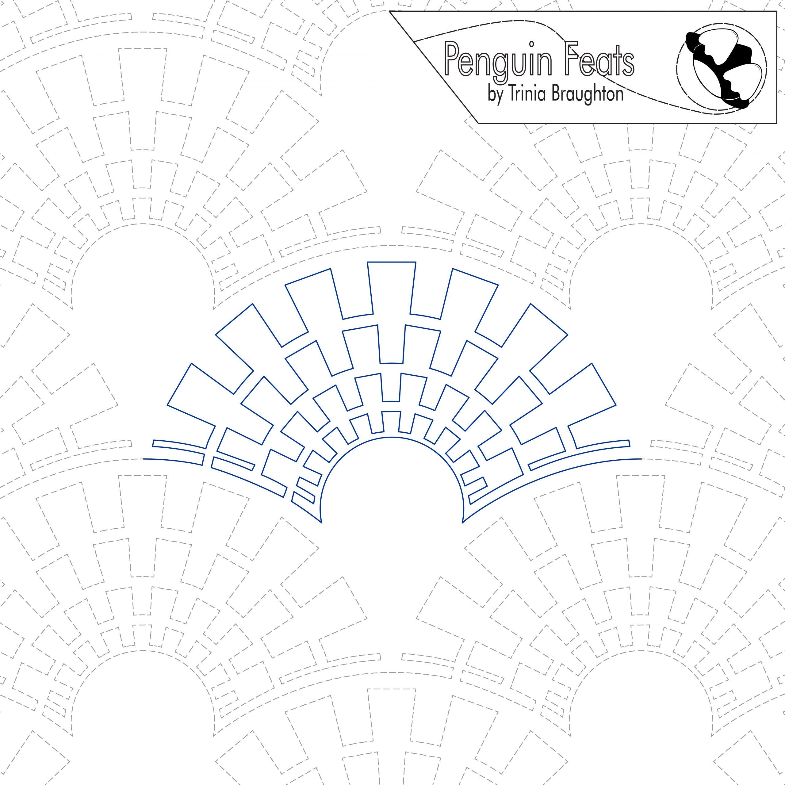Design layout with arching geometric shapes and 'Penguin Feats' branding at the top.