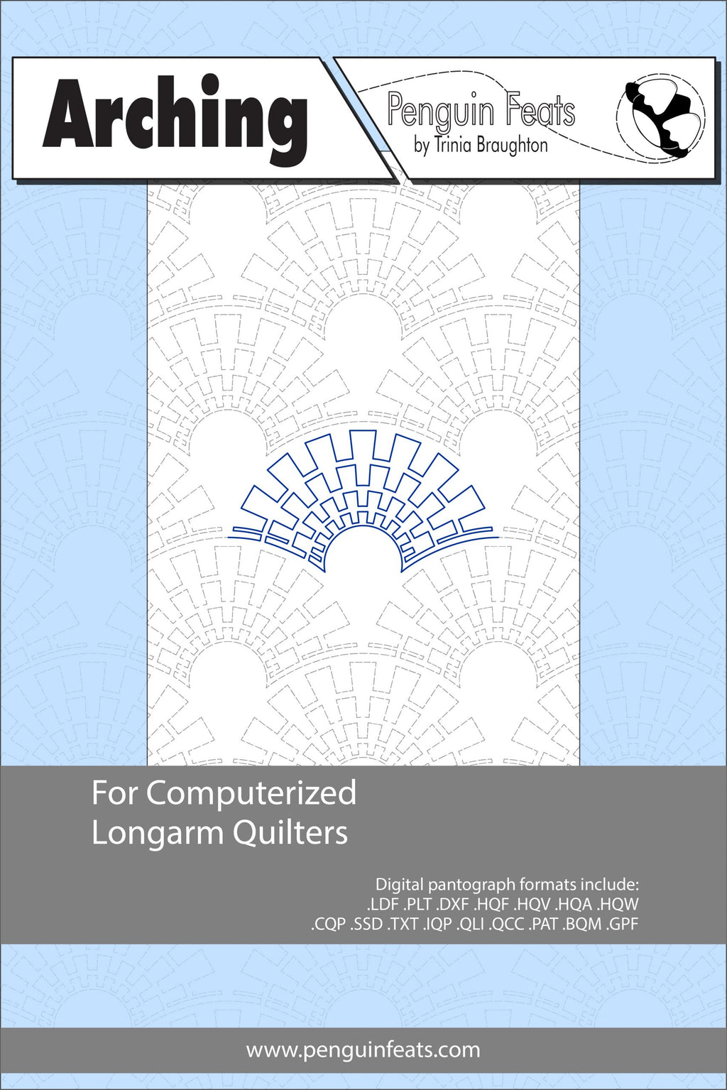 Design for computerized longarm quilters with a blue and gray color scheme.