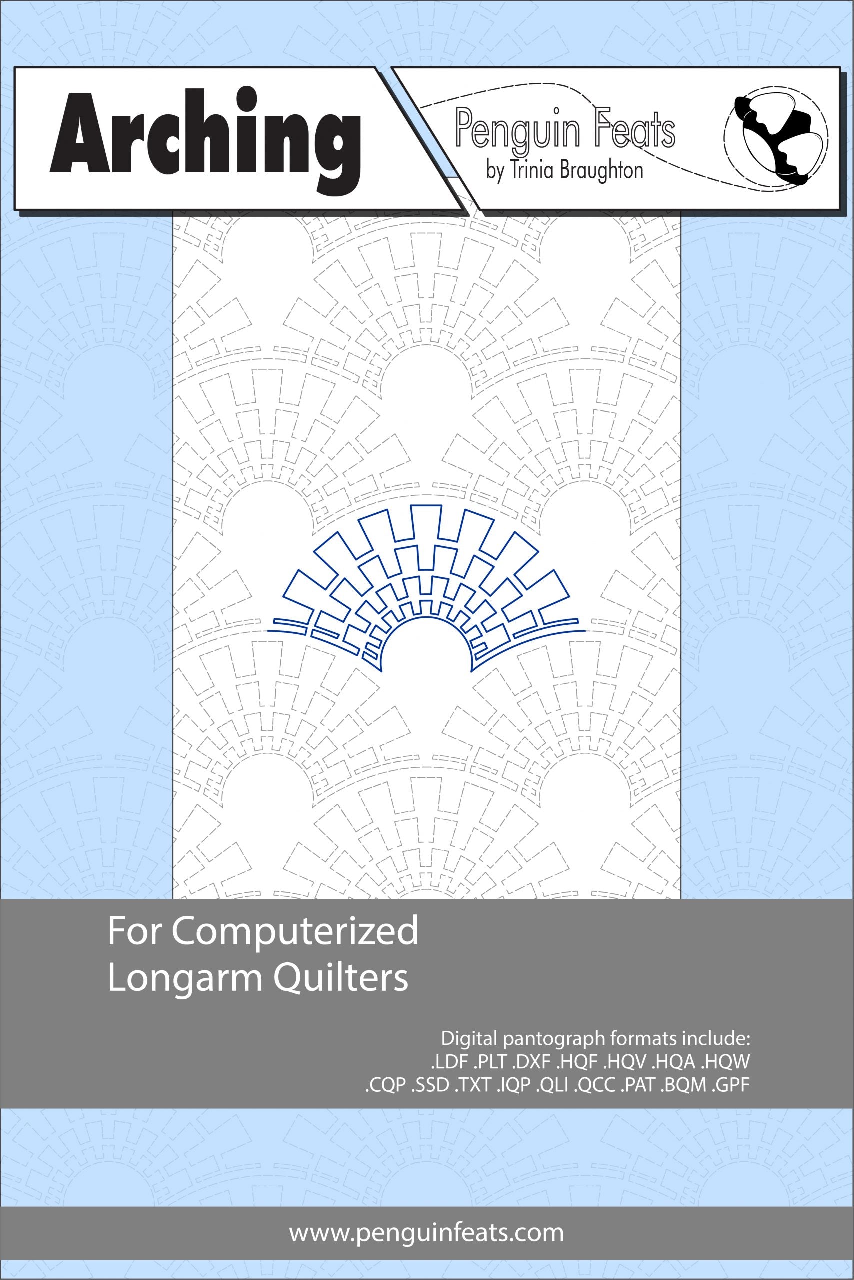Design for computerized longarm quilters with a blue and gray color scheme.