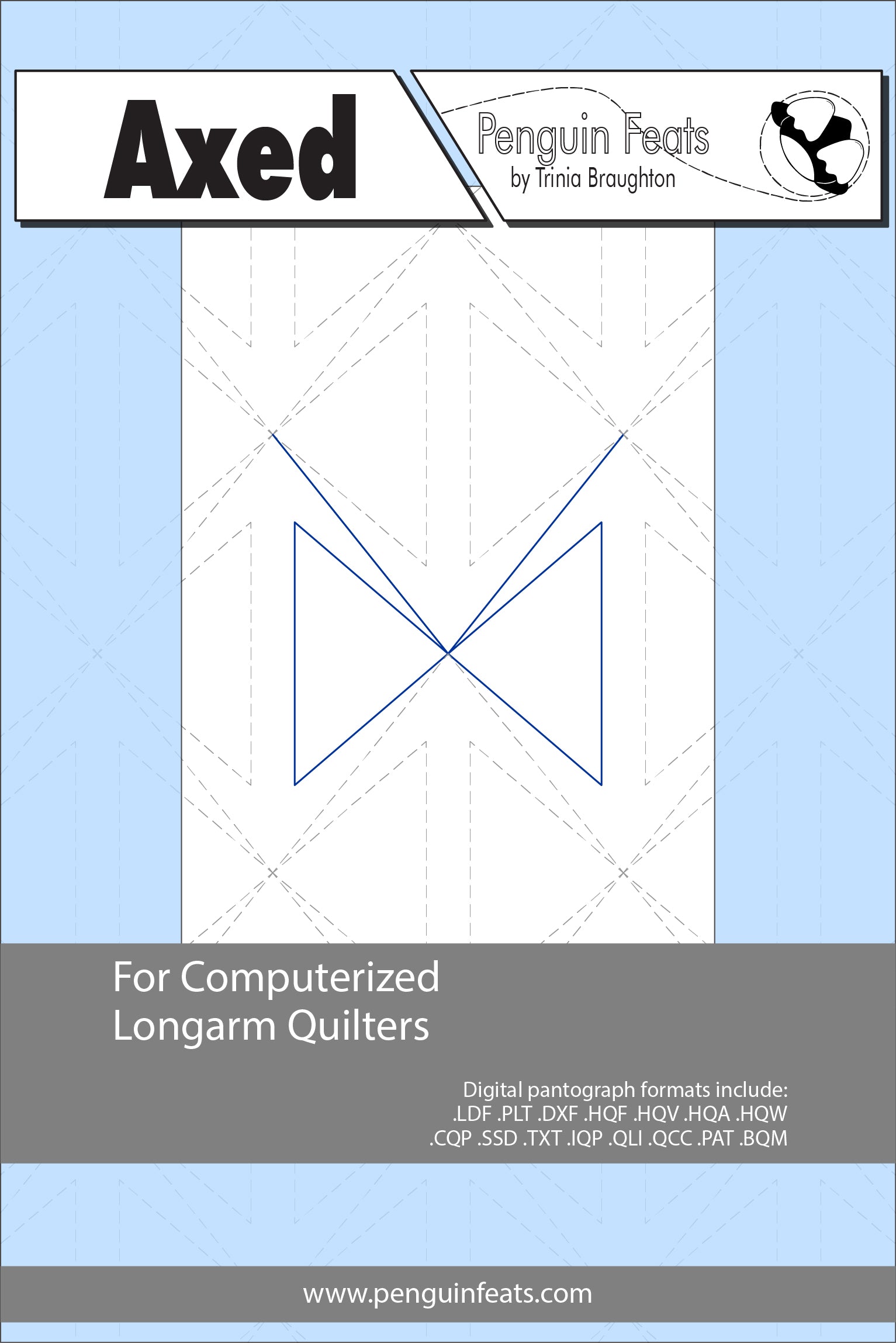Design sheet for computerized longarm quilters with 'Axed' design on a blue background.
