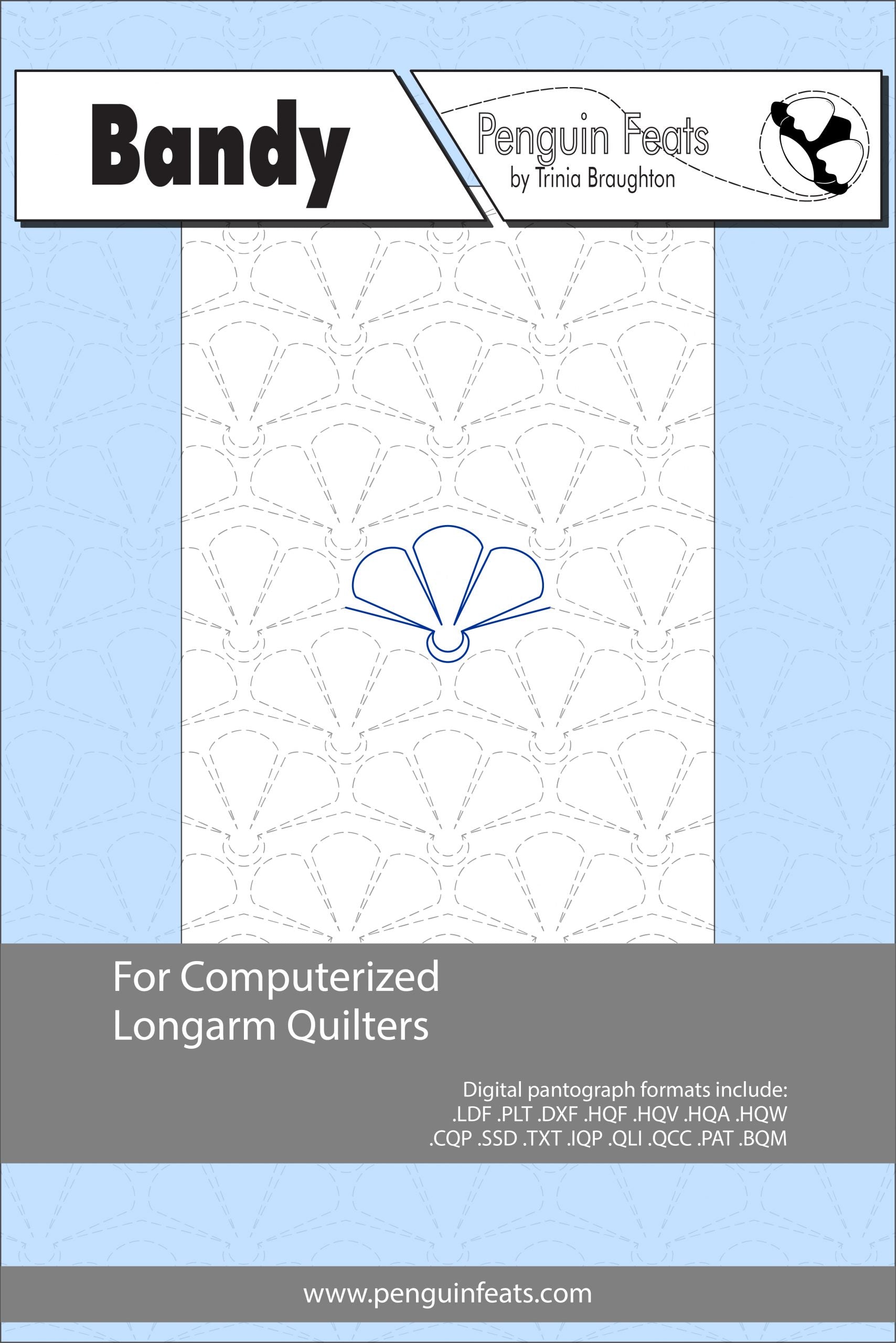Product sheet for 'Bandy' by Penguin Feats with a blue and gray design on a light blue background.