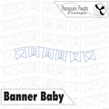 Design of a baby shower banner with 'BABY' text and heart shapes, branded 'Penguin Feats' by Trina Braughton.