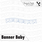 Design of a baby shower banner with 'BABY' text and heart shapes, branded 'Penguin Feats' by Trina Braughton.