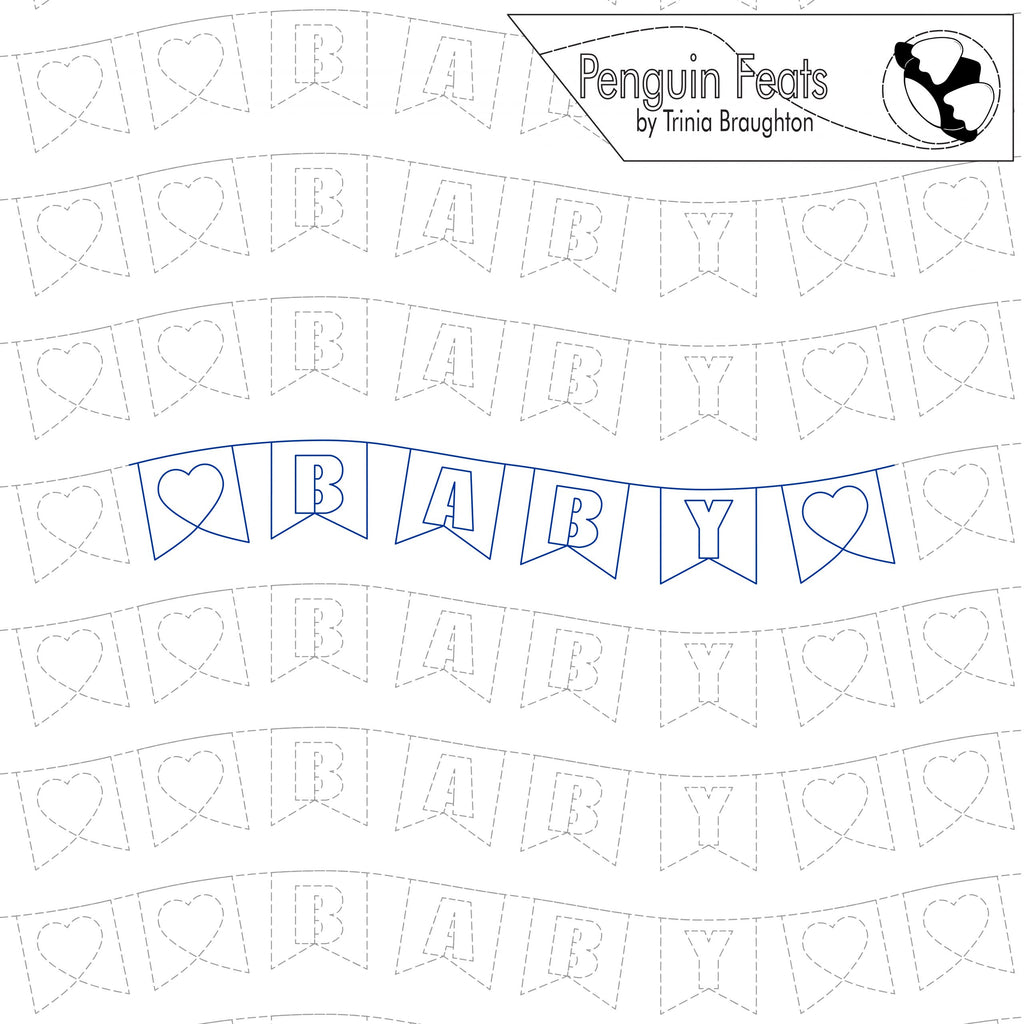 Baby shower banner design with 'BABY' text and heart shapes, branded 'Penguin Feats' by Trina Braughton.