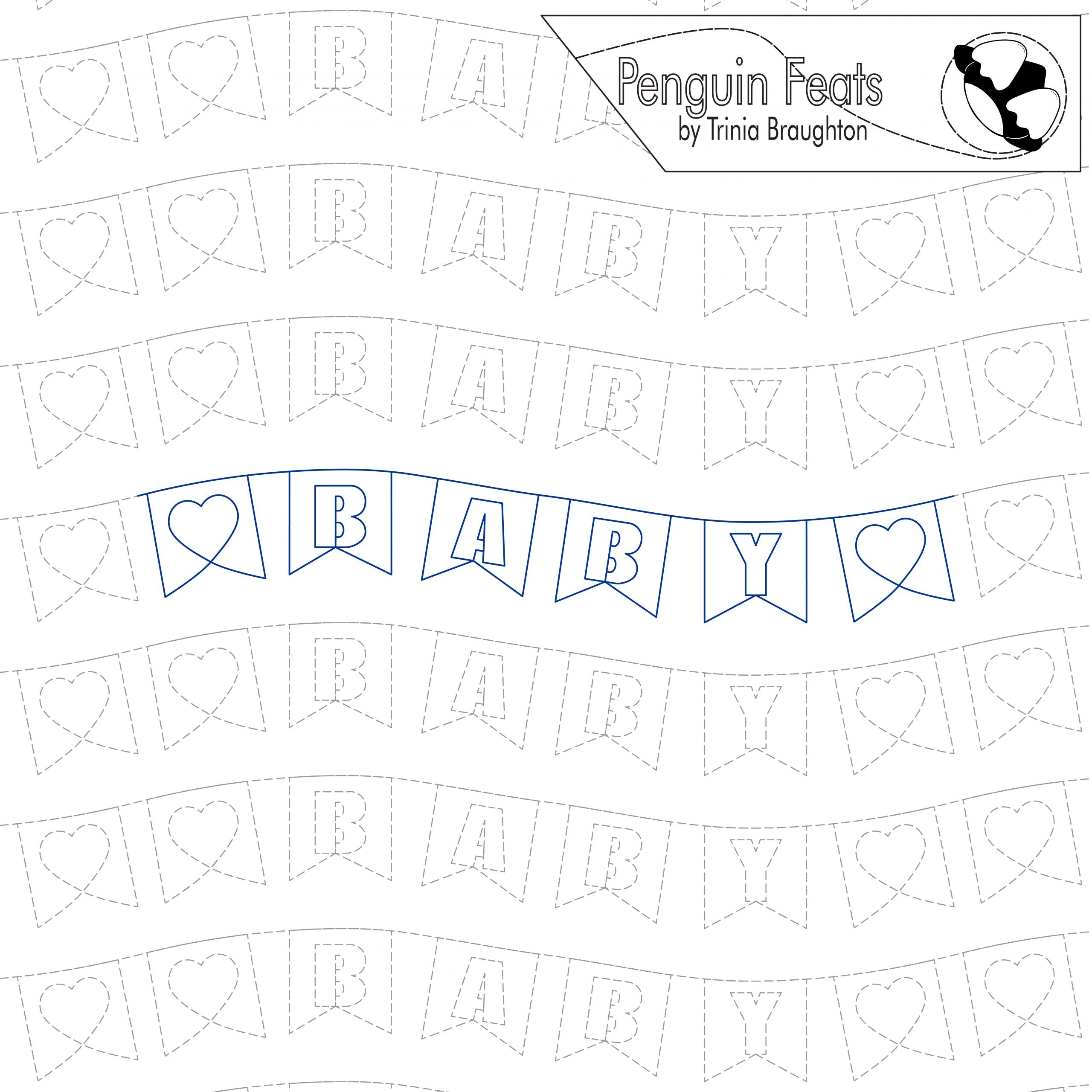 Baby shower banner design with 'BABY' text and heart shapes, branded 'Penguin Feats' by Trina Braughton.