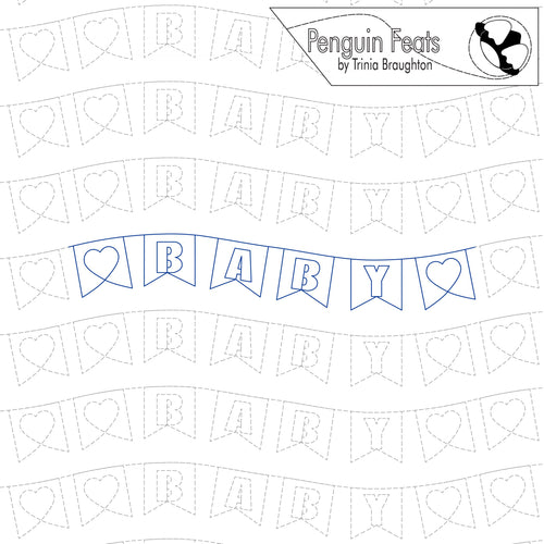 Baby shower banner design with 'BABY' text and heart shapes, branded 'Penguin Feats' by Trina Braughton.
