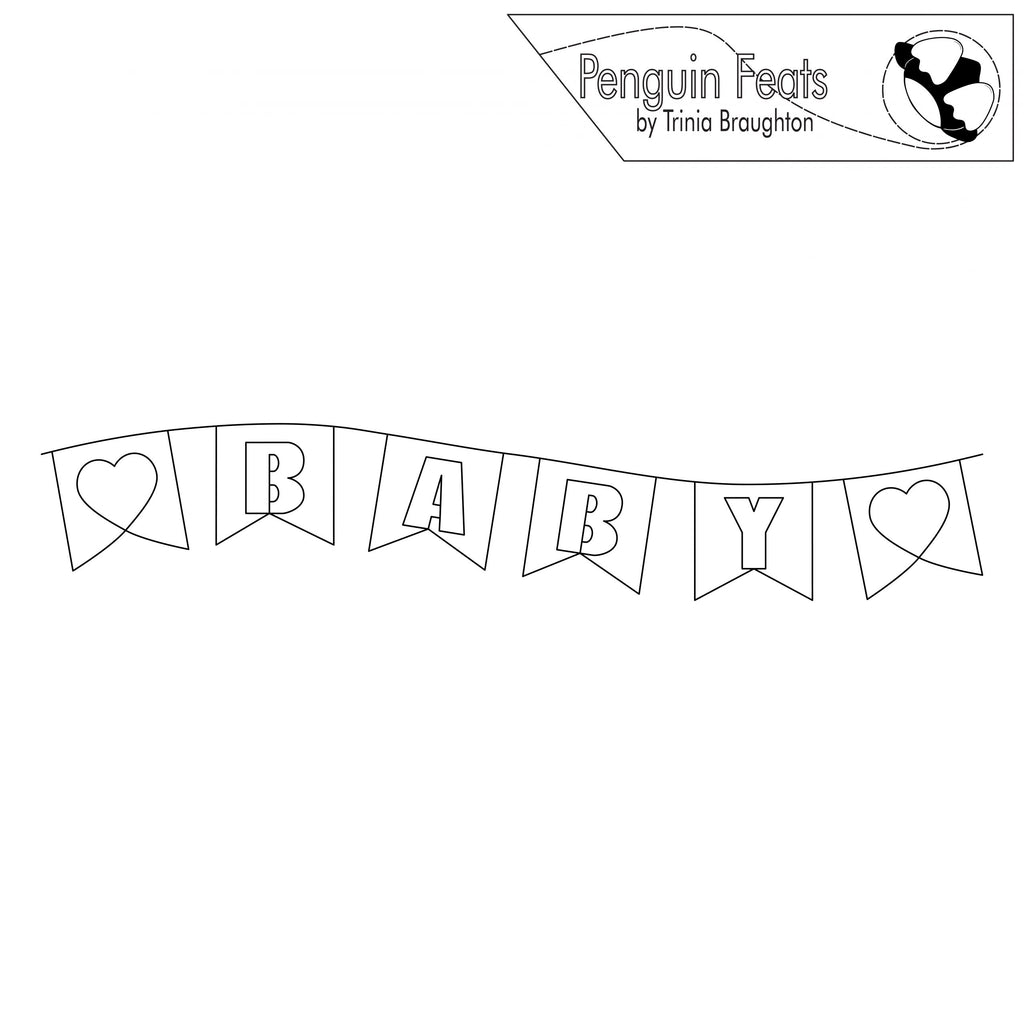 Black and white line drawing of a 'BABY' banner with heart symbols, featuring the brand 'Penguin Feats'.