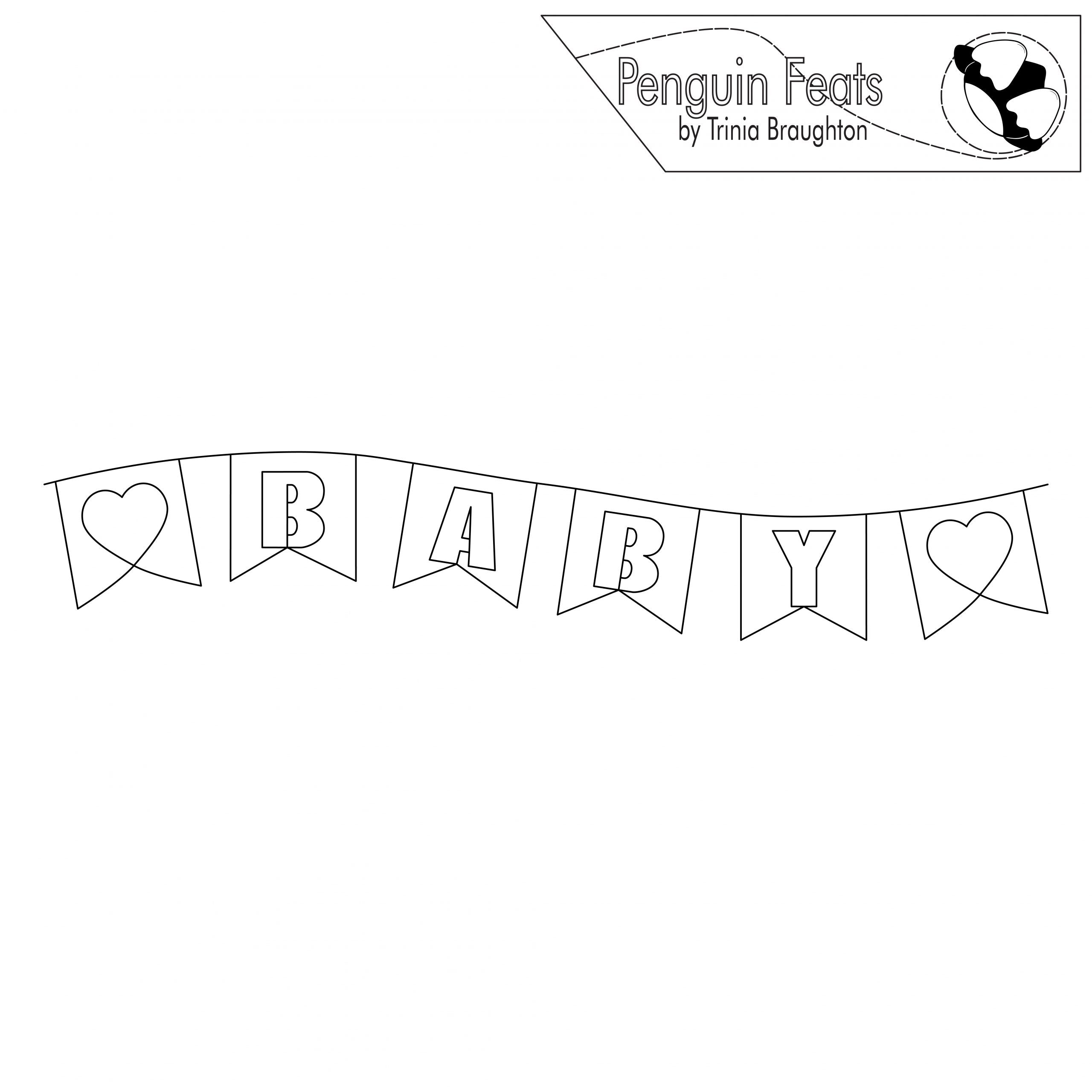Black and white line drawing of a 'BABY' banner with heart symbols, featuring the brand 'Penguin Feats'.