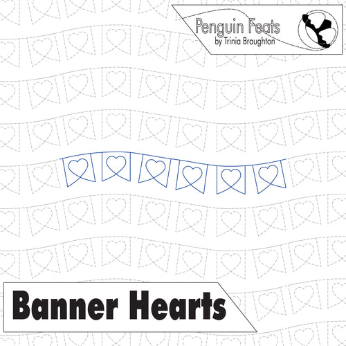 Quilting design banner hearts with 'Penguin Feats' branding at the top.