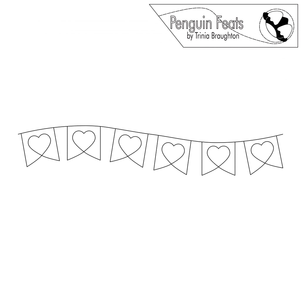 Black and white line drawing of a heart-shaped banner with 'Penguin Feats' logo at the top.
