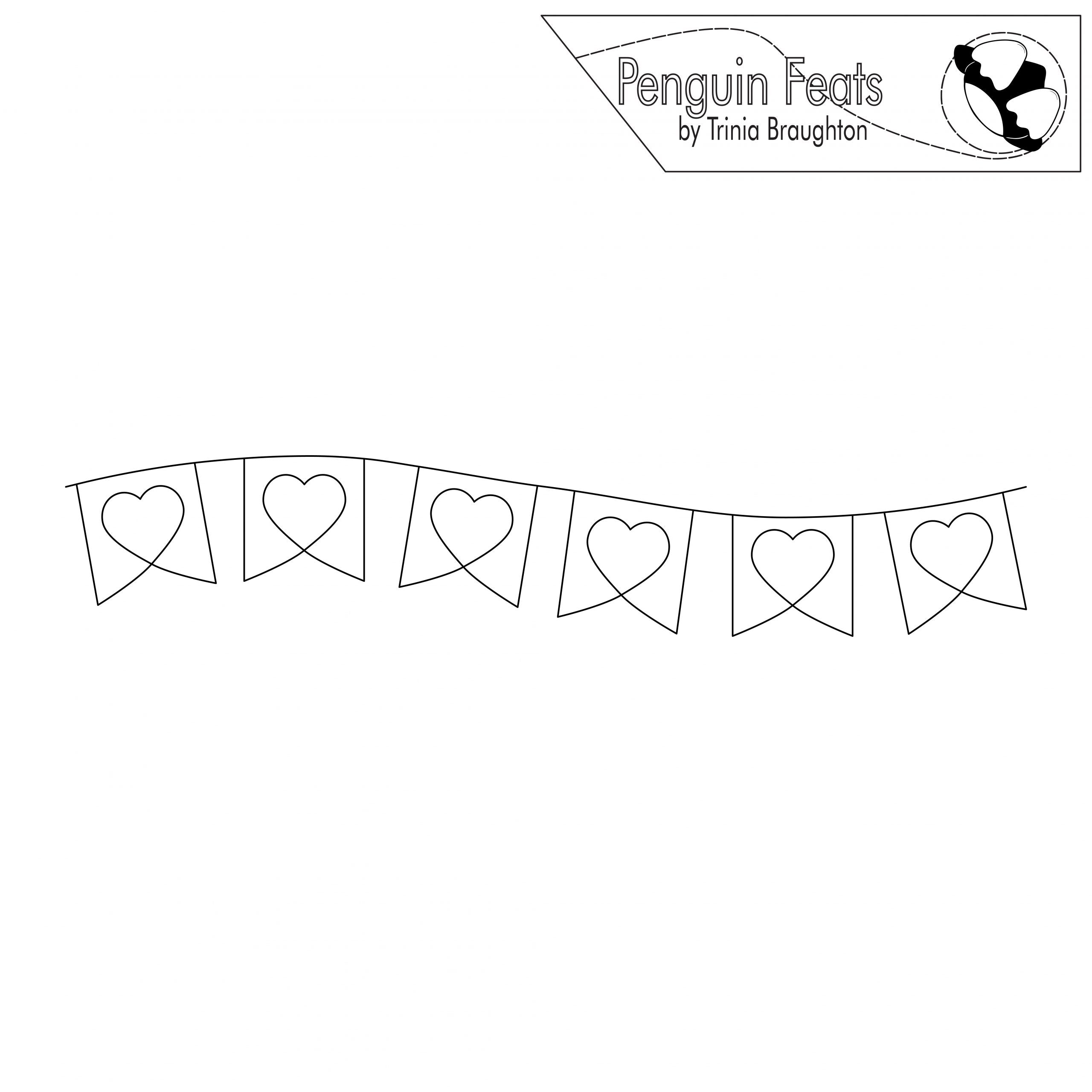 Black and white line drawing of a heart-shaped banner with 'Penguin Feats' logo at the top.