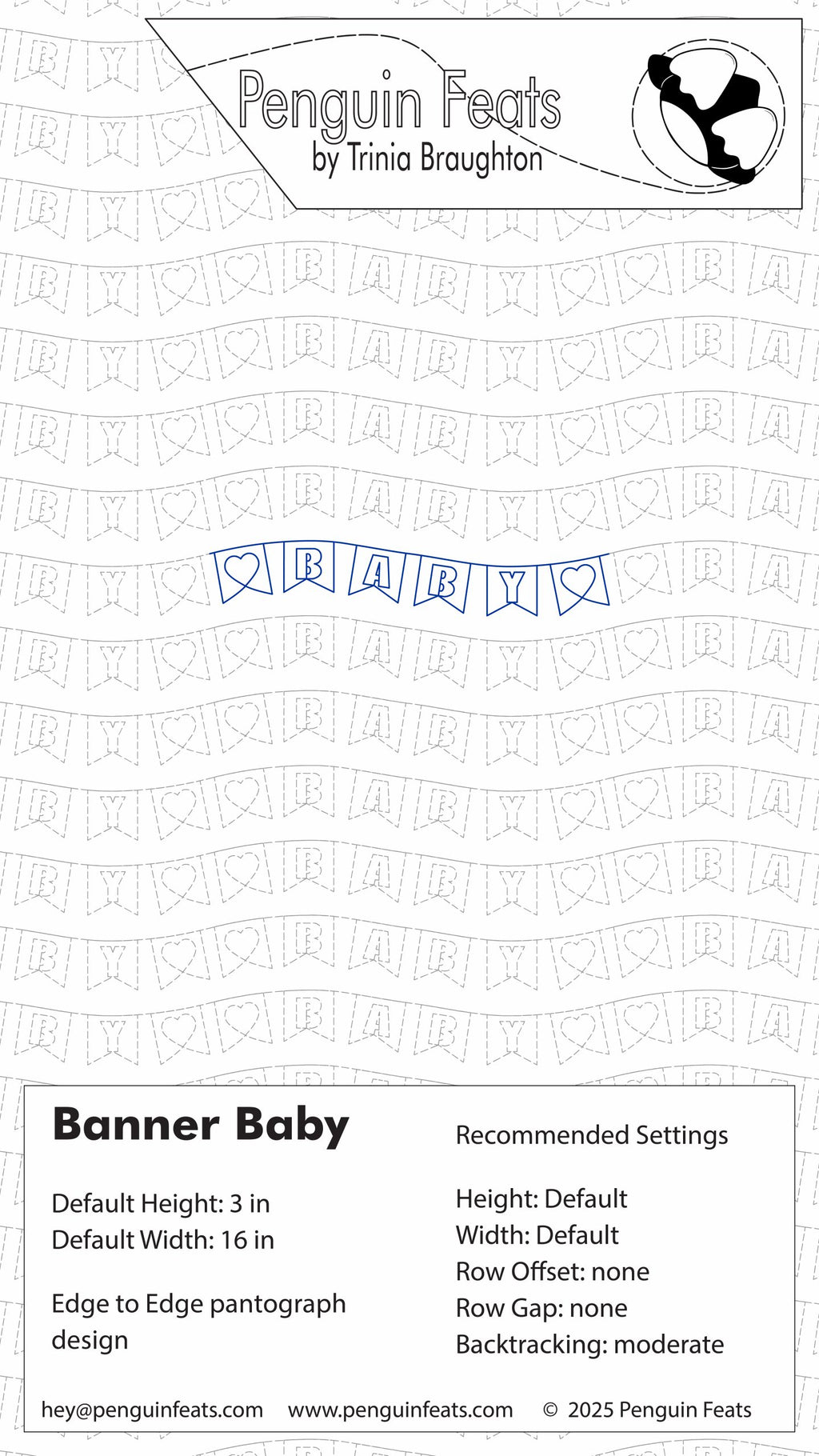 Design sheet for a banner with text and branding at the top, featuring 'Penguin Feats' by Trinia Braughton.