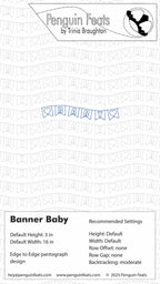 Design sheet for a banner with text and branding at the top, featuring 'Penguin Feats' by Trinia Braughton.