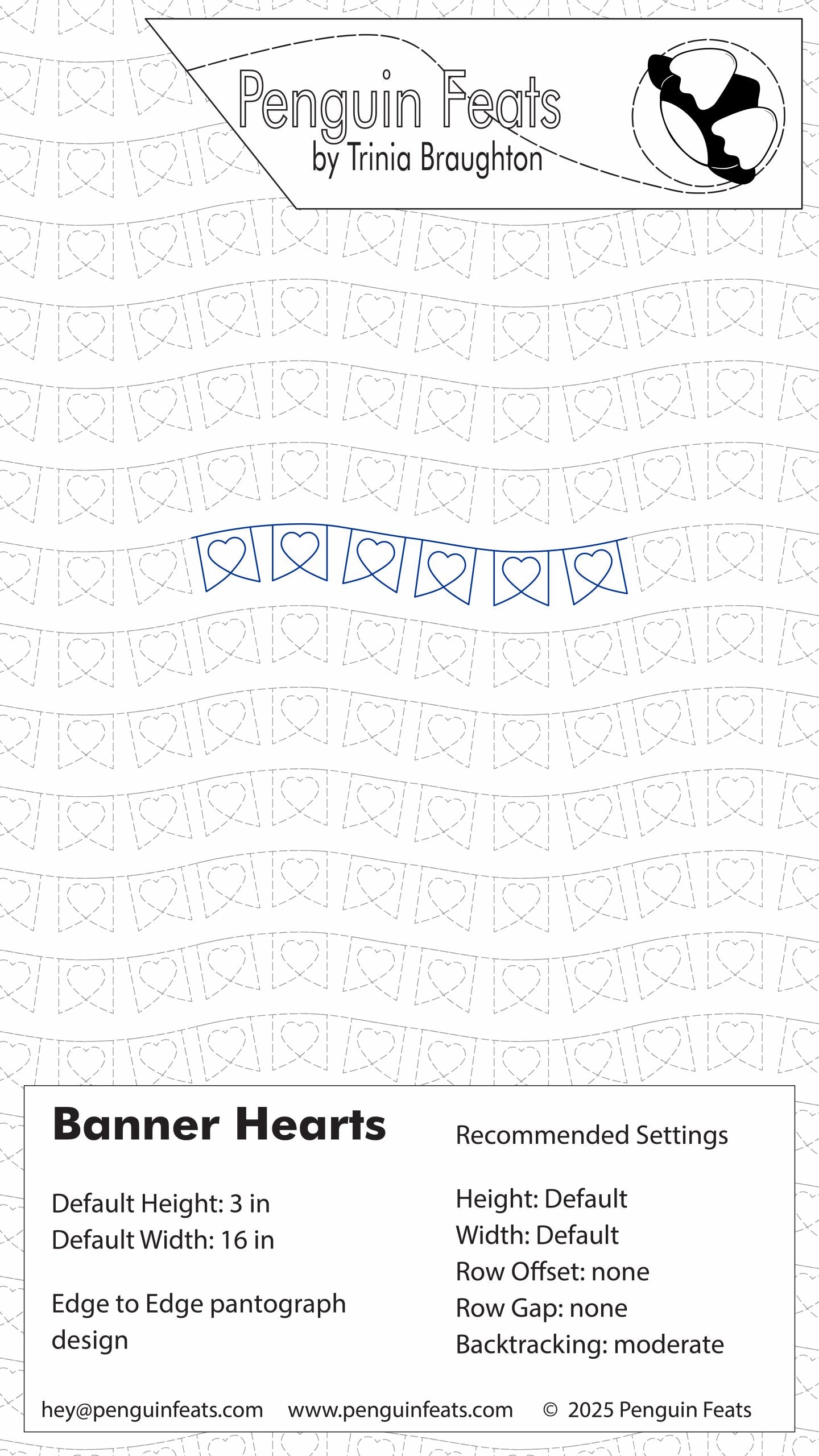 Design template for 'Banner Hearts' with Trinia Braughton branding on a white background.