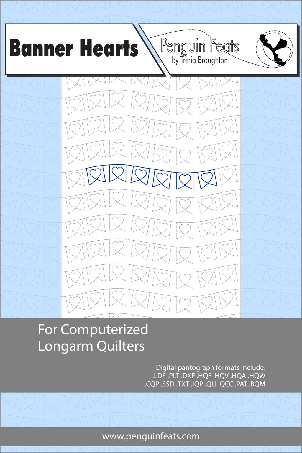 Quilting pattern sheet titled 'Banner Hearts' by Penguin Feats on a blue background