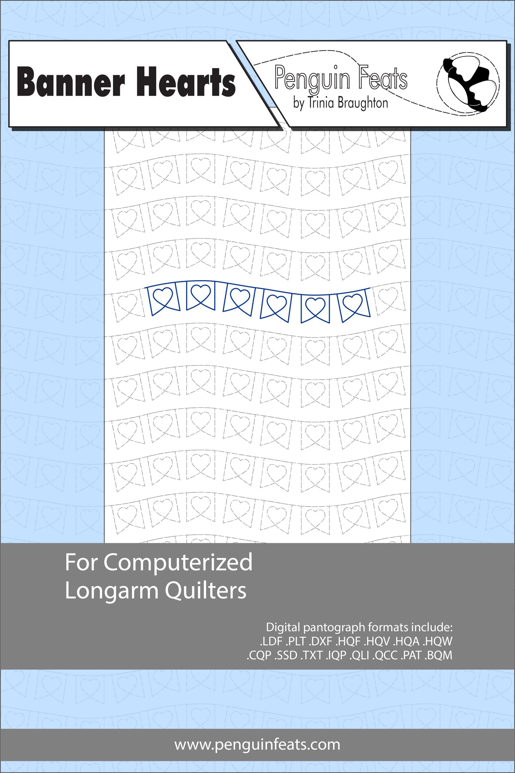 Quilting pattern sheet titled 'Banner Hearts' by Penguin Feats on a blue background