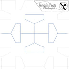 Continuous line design in blue of geometric shapes and 'Penguin Feats by Trinia Braughton
