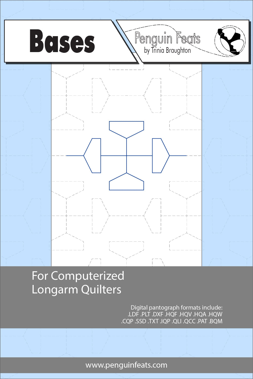 Info Sheet of bases geometric design on a blue background, featuring the brand 'Penguin Feats' at the top.