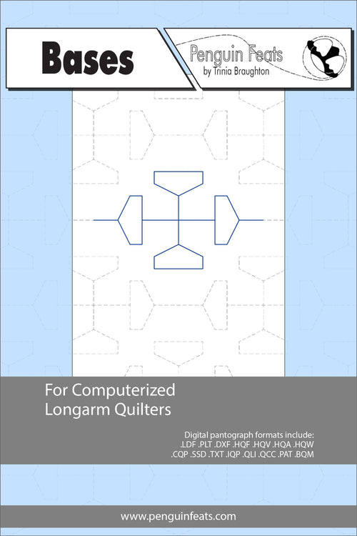 Info Sheet of bases geometric design on a blue background, featuring the brand 'Penguin Feats' at the top.
